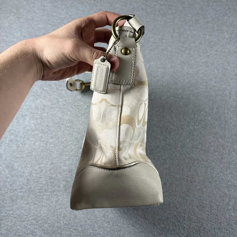 VTG Coach Optic Signature Hobo Bag Cream White Leather Canvas Shoulder Purse